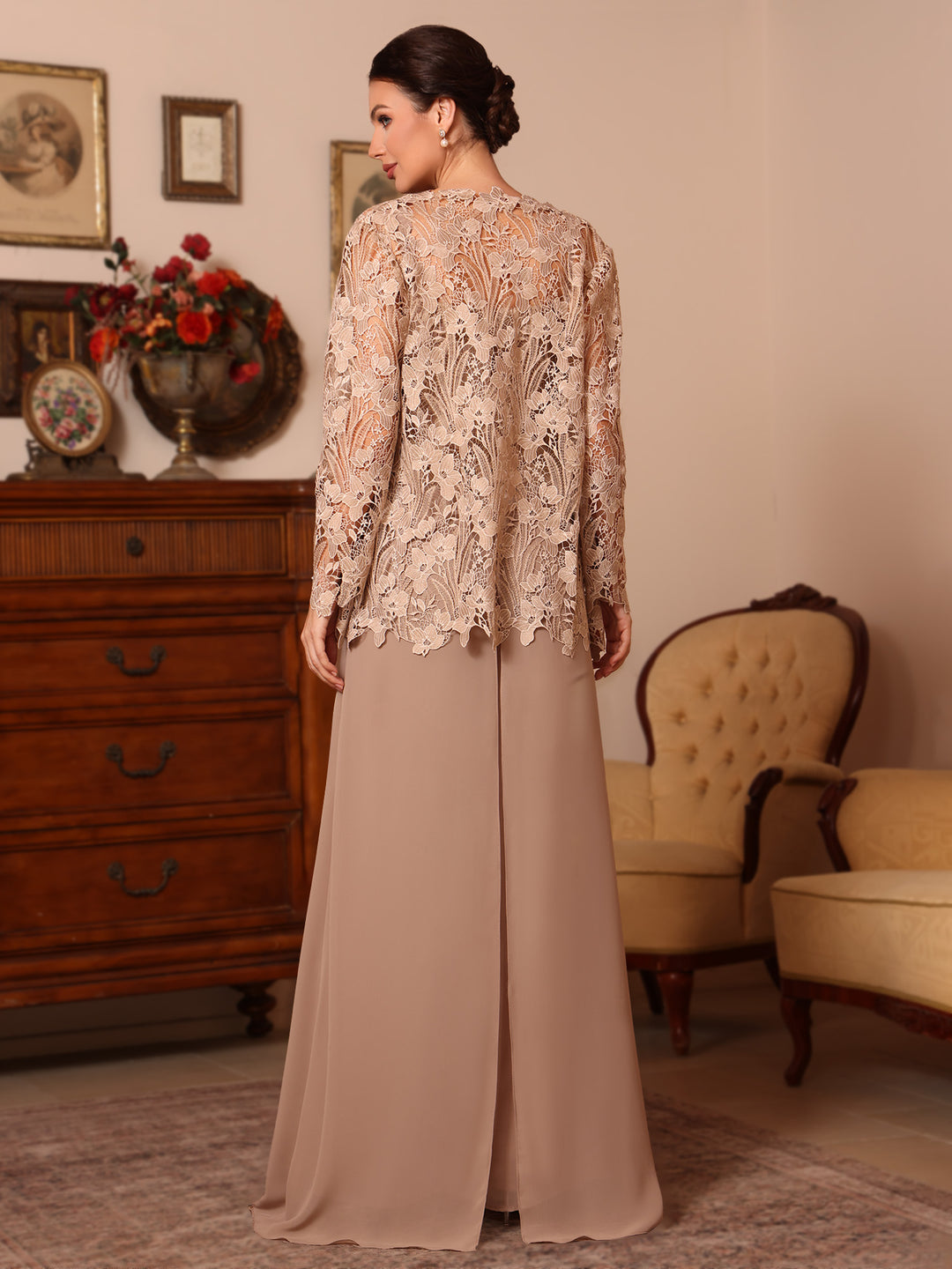 Ensemble pantalon 3 pièces mère de la mariée mousseline col carré, veste, surjupe, dentelle, manches longues, longueur sol