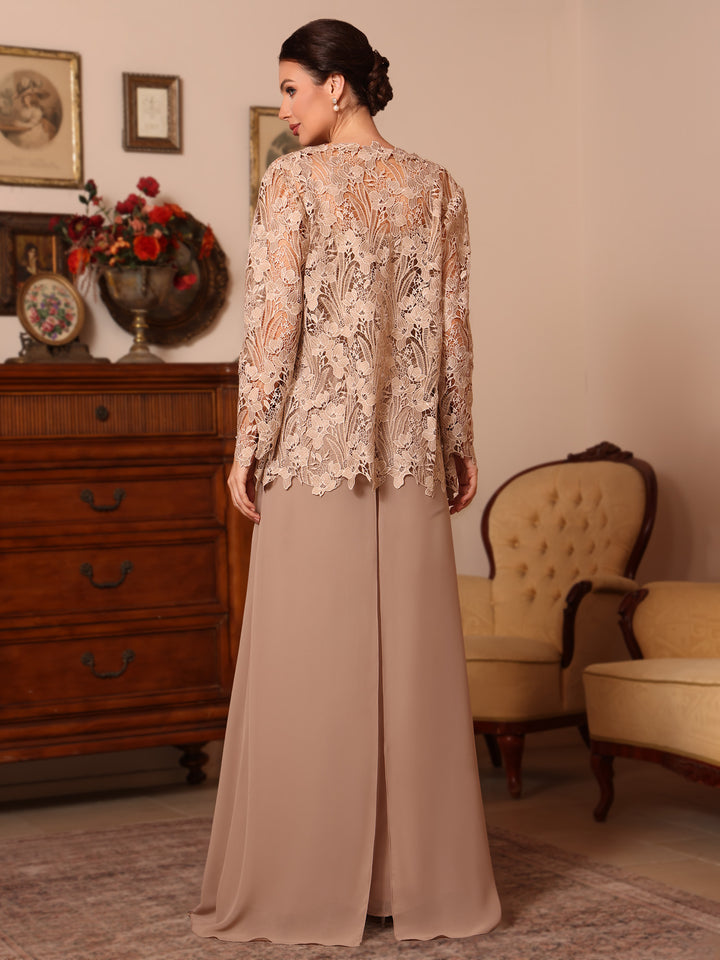 Ensemble pantalon 3 pièces mère de la mariée mousseline col carré, veste, surjupe, dentelle, manches longues, longueur sol