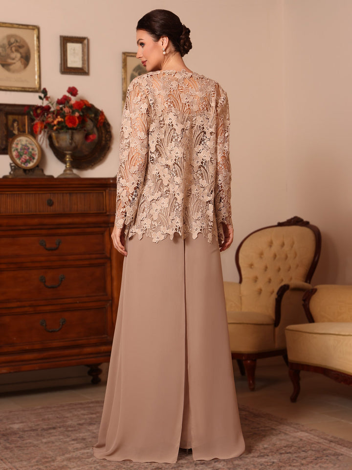 3 Pièces Col Carré Mousseline Mère de la Mariée Costume Pantalon avec Veste Jupe Supérieure  Dentelle Longueur du Sol  Manches Longues