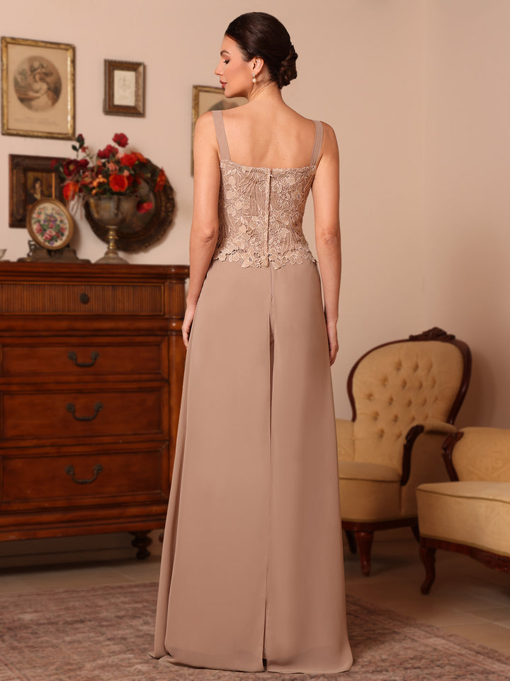 Ensemble pantalon 3 pièces mère de la mariée mousseline col carré, veste, surjupe, dentelle, manches longues, longueur sol