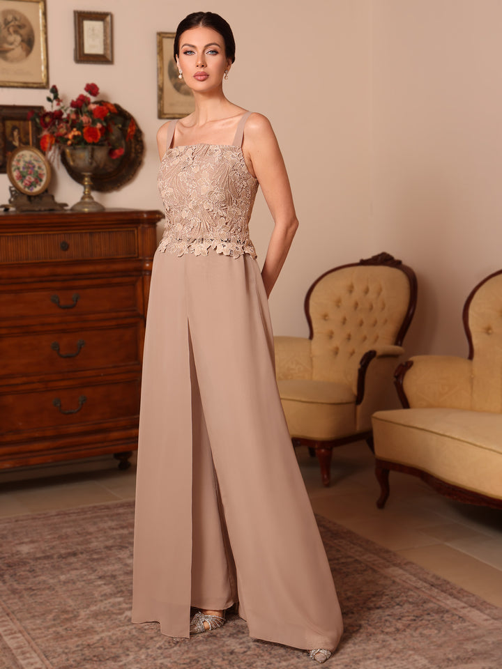 Ensemble pantalon 3 pièces mère de la mariée mousseline col carré, veste, surjupe, dentelle, manches longues, longueur sol