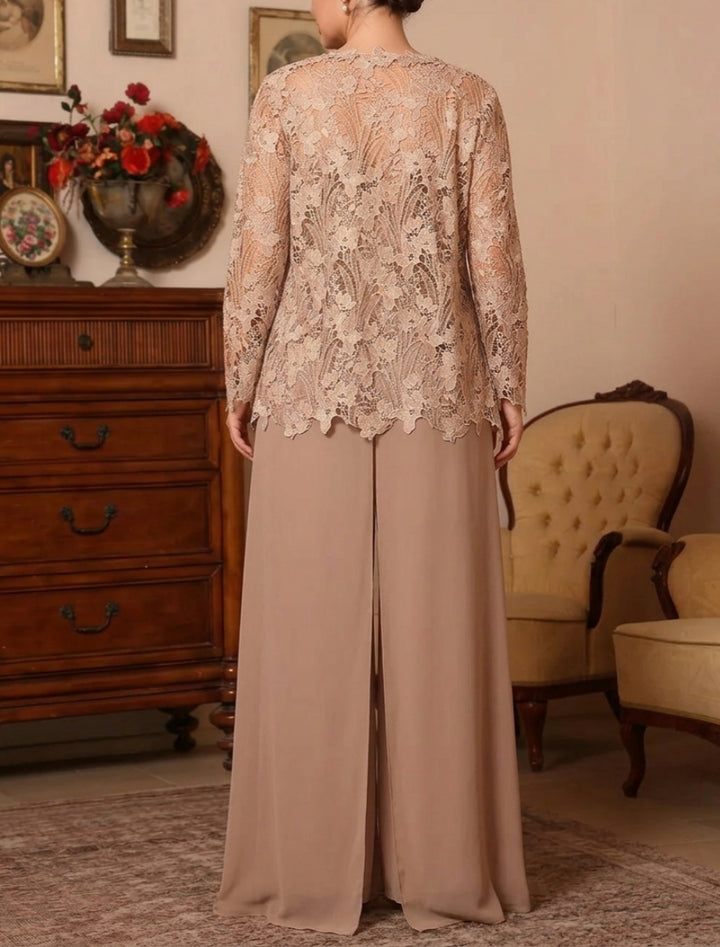 Robe mère de la mariée, Taille Plus, 3 Pièces, Costume-Pantalon, Col Carré, Mousseline, Sans Longues, Longueur au Sol, Dentelle