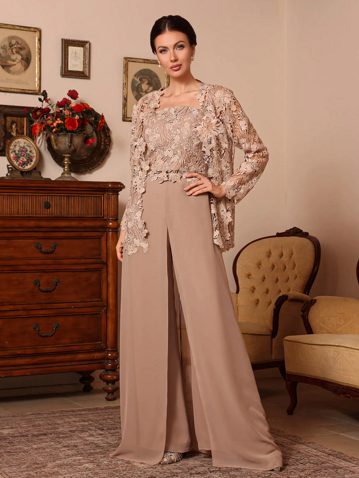 Ensemble pantalon 3 pièces mère de la mariée mousseline col carré, veste, surjupe, dentelle, manches longues, longueur sol