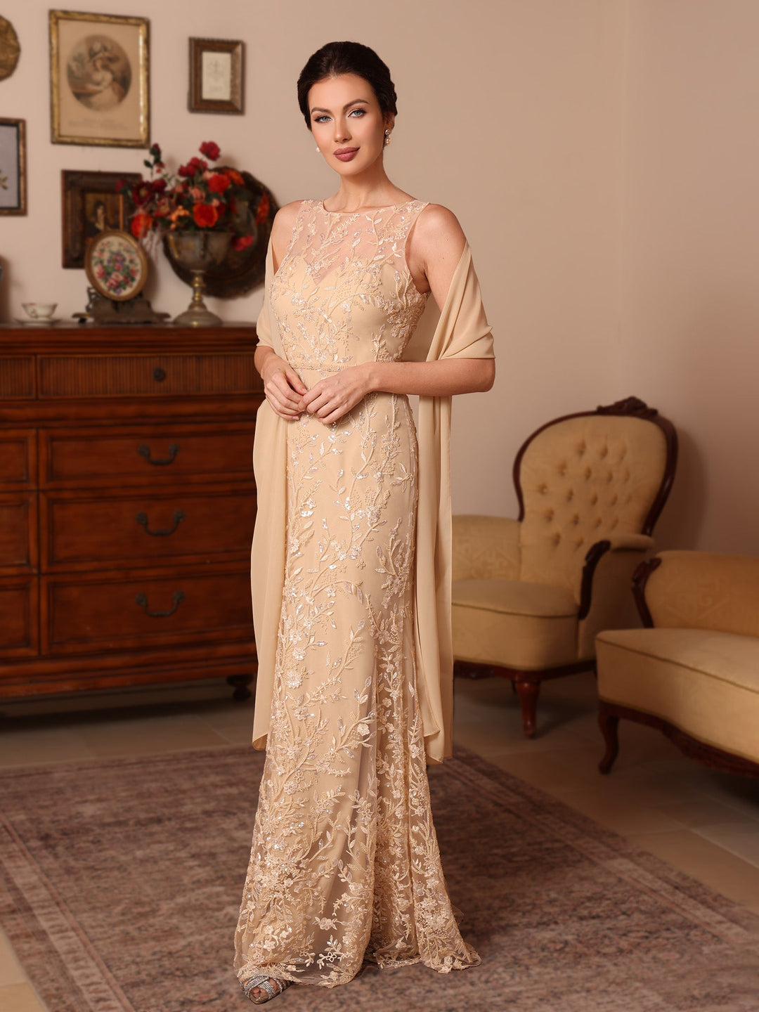 Deux Pièces Gaine/Colonne Dentelle Robes Mère de La Mariée avec une Cape Sans Manches