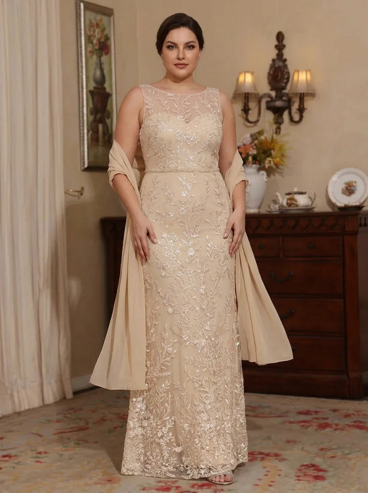 Robe Mère de la Mariée, Grande Taille, 2 Pièces, Gaine/Colonne, Col Rond, Sans Manches, Longueur au Sol, Avec Châle, Perlage