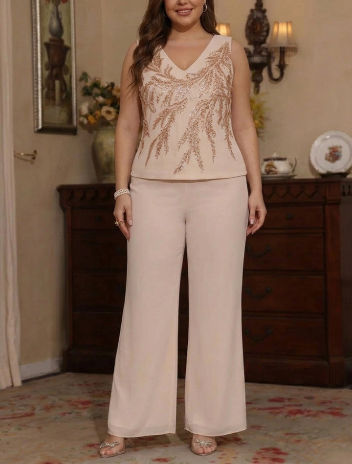 Robe mère de la mariée, Taille Plus, 3 Pièces, Costume-Pantalon, Col en V, Mousseline, Paillettes, Manches Longues, Longueur de la Cheville