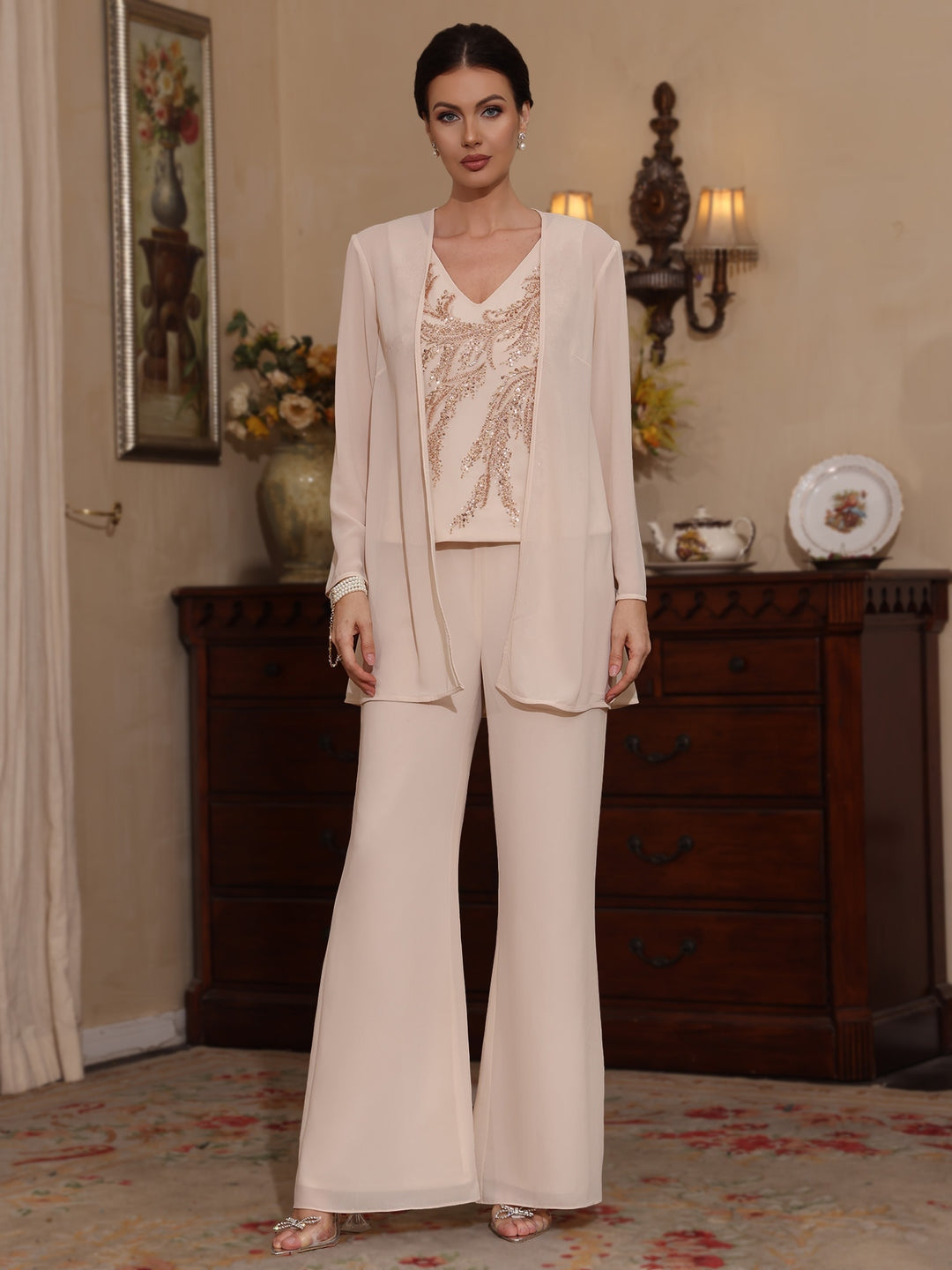 Ensemble pantalon 3 pièces mère de la mariée mousseline, col V, manches longues, longueur cheville, sequins avec veste