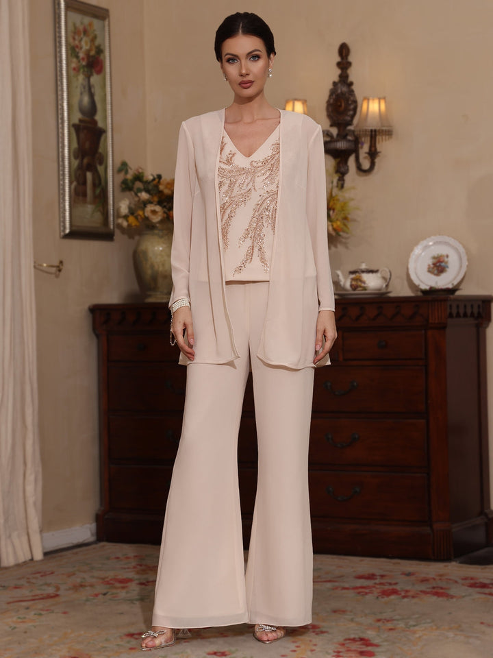 Ensemble pantalon 3 pièces mère de la mariée mousseline, col V, manches longues, longueur cheville, sequins avec veste