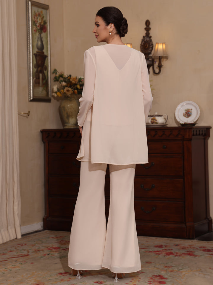 Trois Pièces Chiffon Col en V Ligne A/Princesse Robes Mère de La Mariée avec Veste Paillettes