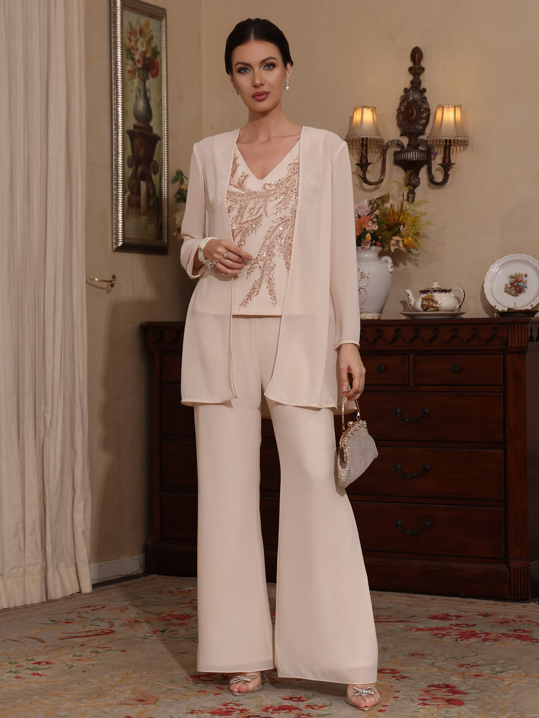 Ensemble pantalon 3 pièces mère de la mariée mousseline, col V, manches longues, longueur cheville, sequins avec veste