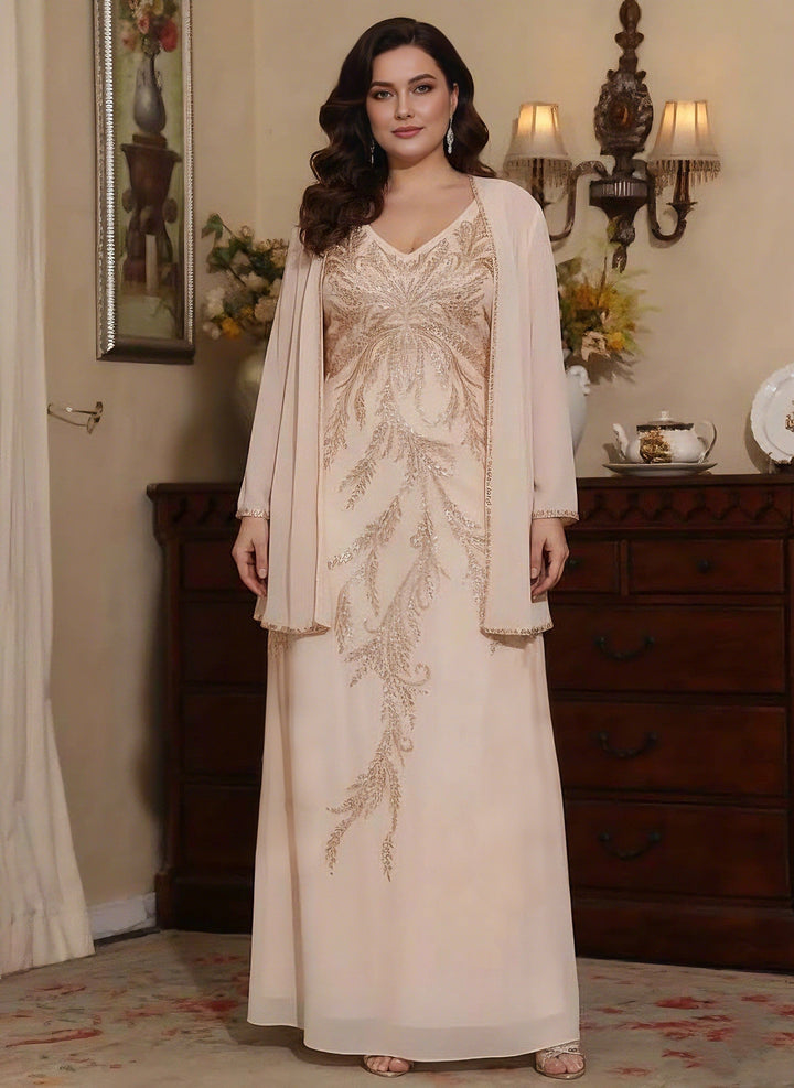 Ensemble de 2 pièces mère de la mariée, taille plus, coupe A/ princesse, col V, mousseline, veste, Paillettes, longueur cheville, manches longues