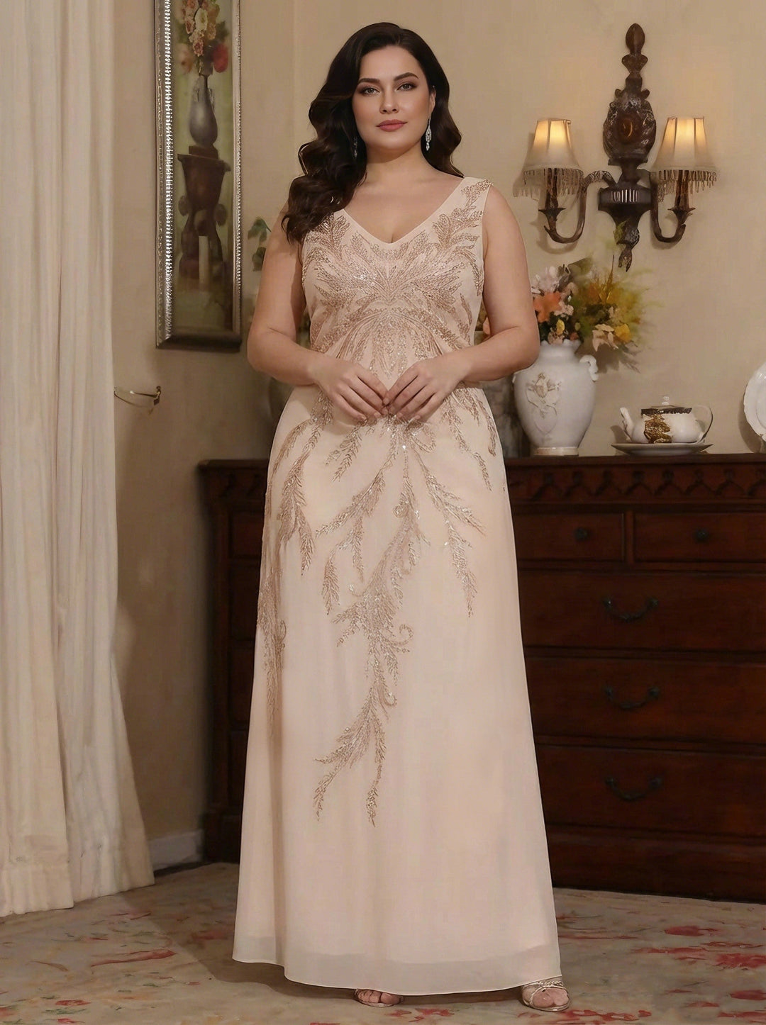 Ensemble de 2 pièces mère de la mariée, taille plus, coupe A/ princesse, col V, mousseline, veste, Paillettes, longueur cheville, manches longues