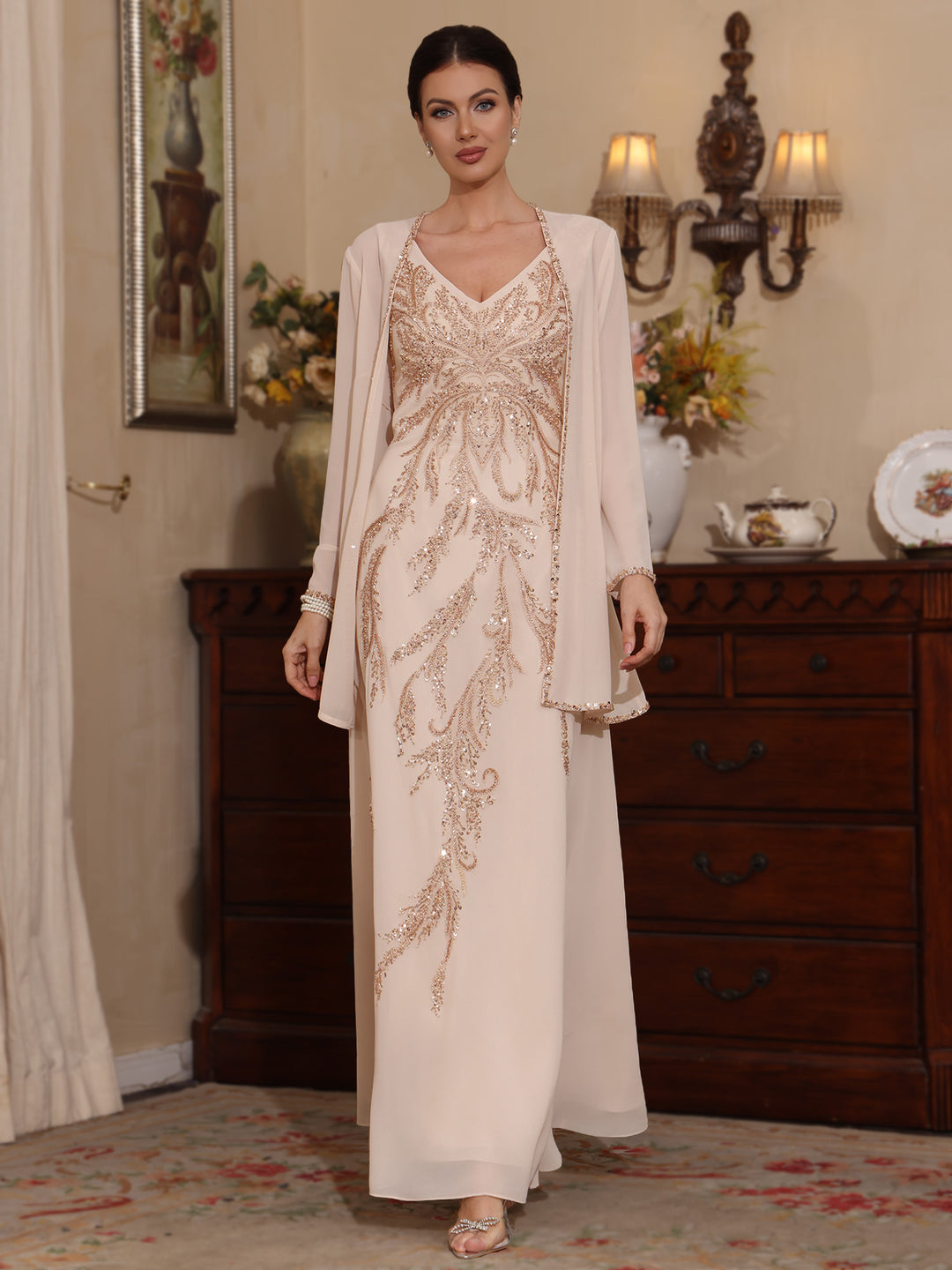 Deux Pièces Ligne A/Princesse Robes Mère de La Mariée avec Veste Paillettes