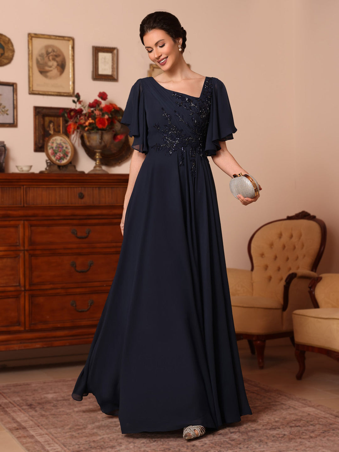 Ligne A/Princesse Col Asymétrique Mousseline Robes Mère de La Mariée Paillettes Longueur de La Cheville Manches Courtes  Ruché