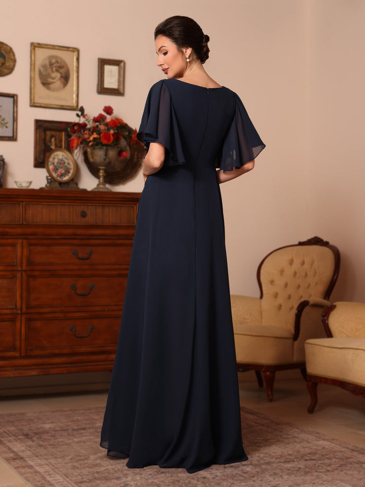 Ligne A/Princesse Col Asymétrique Mousseline Robes Mère de La Mariée Paillettes Longueur de La Cheville Manches Courtes  Ruché