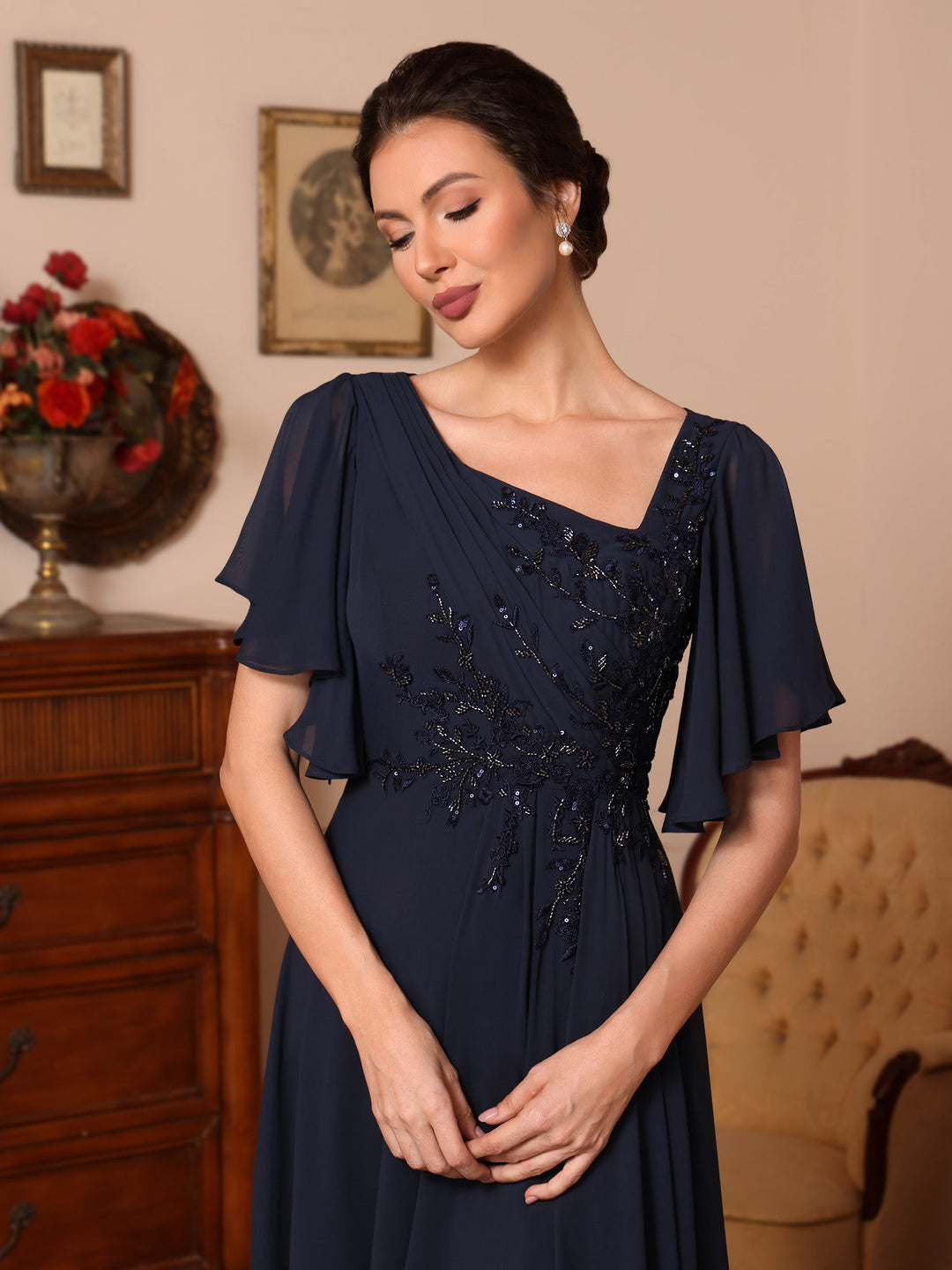 Ligne A/Princesse Col Asymétrique Mousseline Robes Mère de La Mariée Paillettes Longueur de La Cheville Manches Courtes  Ruché