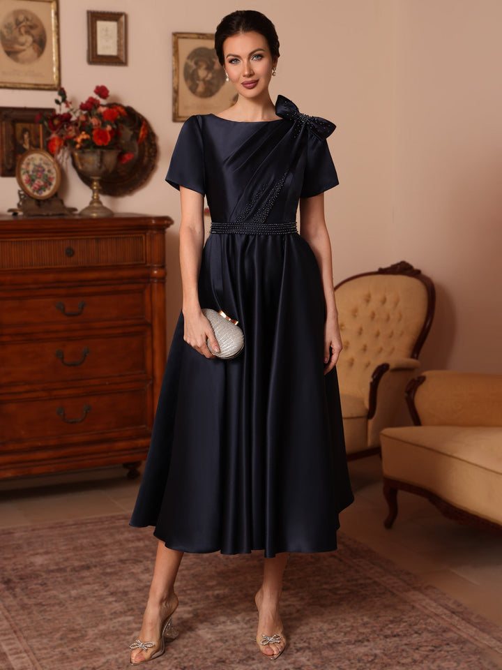 Ligne A/Princesse Scoop Satin Robes Mère de La Mariée Longueur de Thé Manches Courtes Beading Nœud papillon