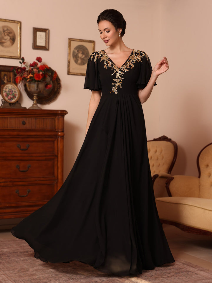 Ligne A/Princesse Col en V Mousseline Robes Mère de La Mariée  Appliques Longueur du Sol  Manches Courtes