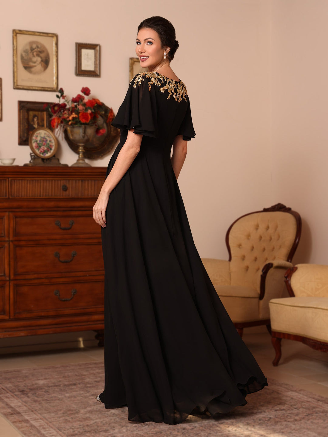Ligne A/Princesse Col en V Mousseline Robes Mère de La Mariée  Appliques Longueur du Sol  Manches Courtes