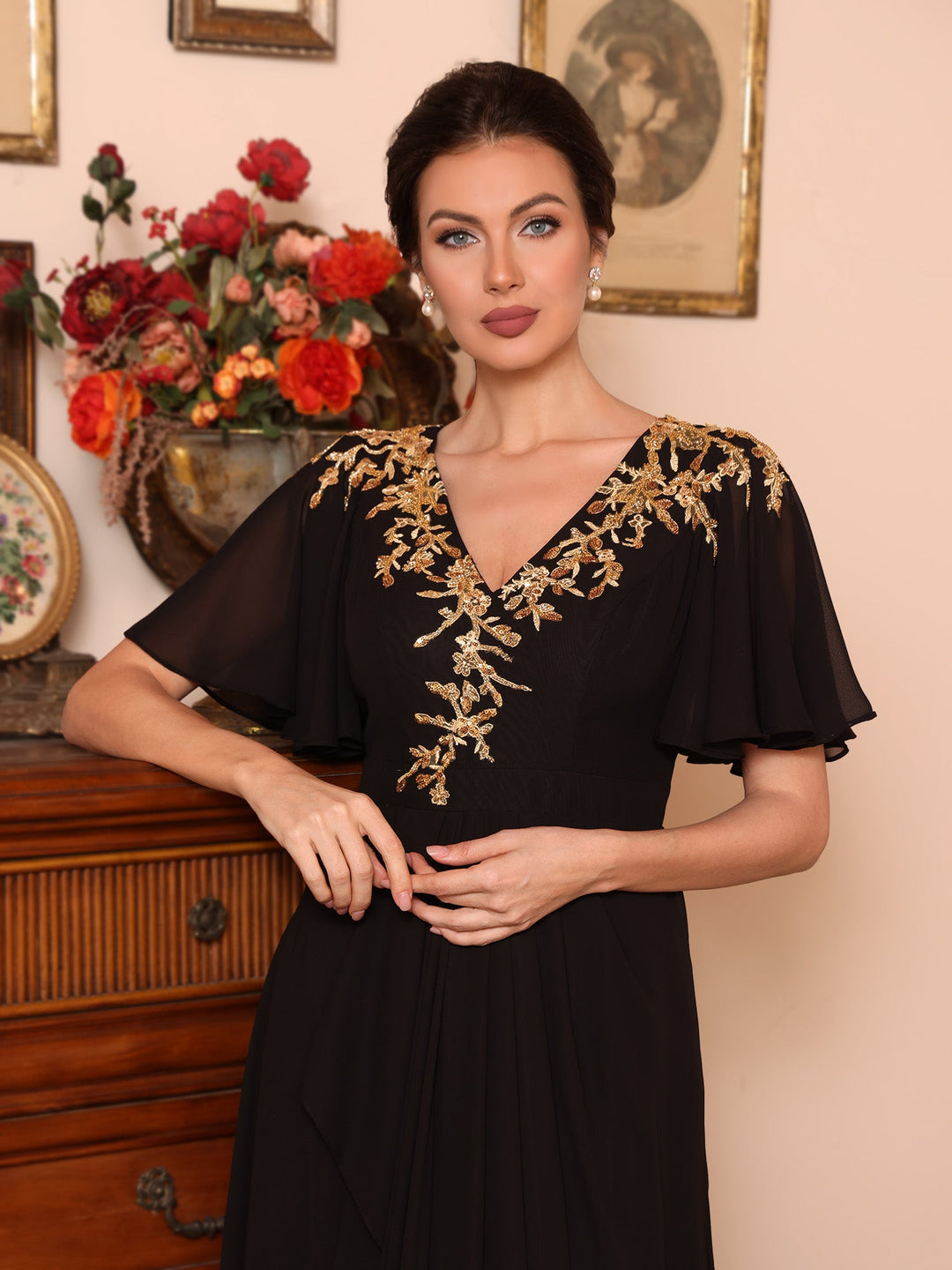 Ligne A/Princesse Col en V Mousseline Robes Mère de La Mariée  Appliques Longueur du Sol  Manches Courtes