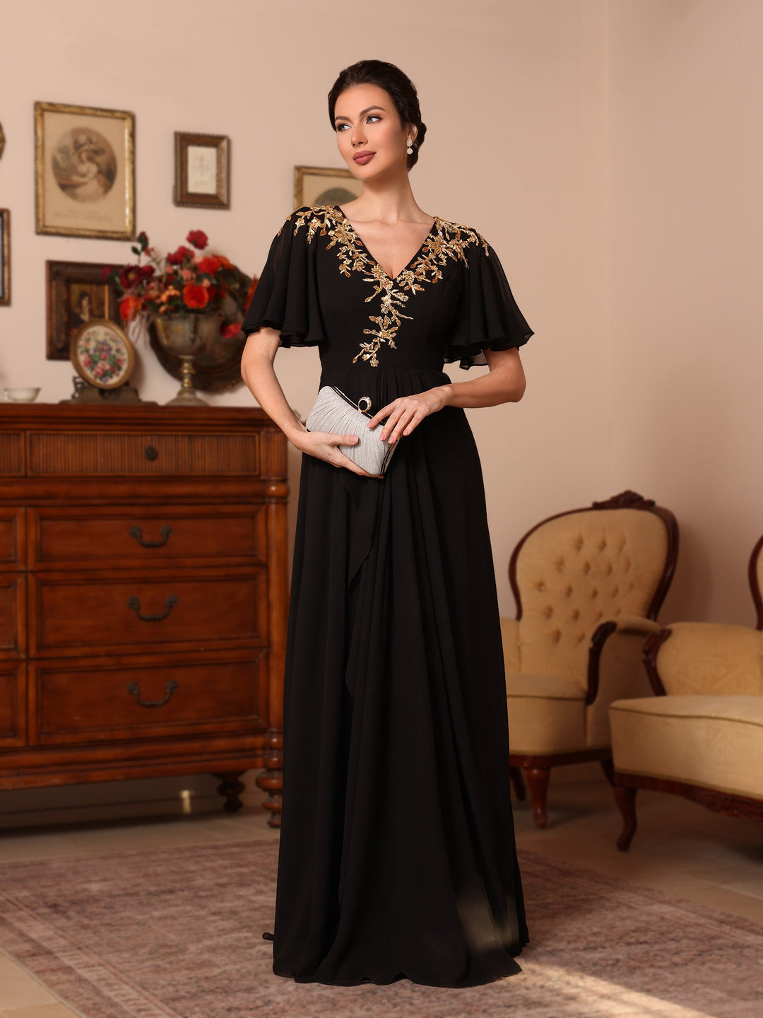 Ligne A/Princesse Col en V Mousseline Robes Mère de La Mariée  Appliques Longueur du Sol  Manches Courtes