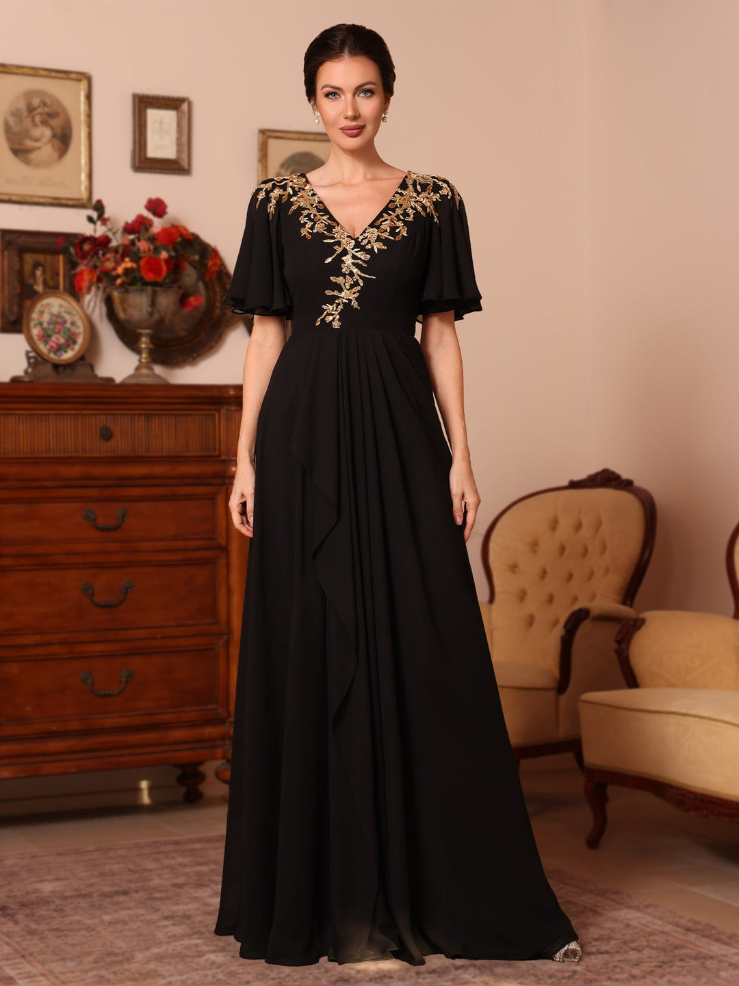 Ligne A/Princesse Col en V Mousseline Robes Mère de La Mariée  Appliques Longueur du Sol  Manches Courtes
