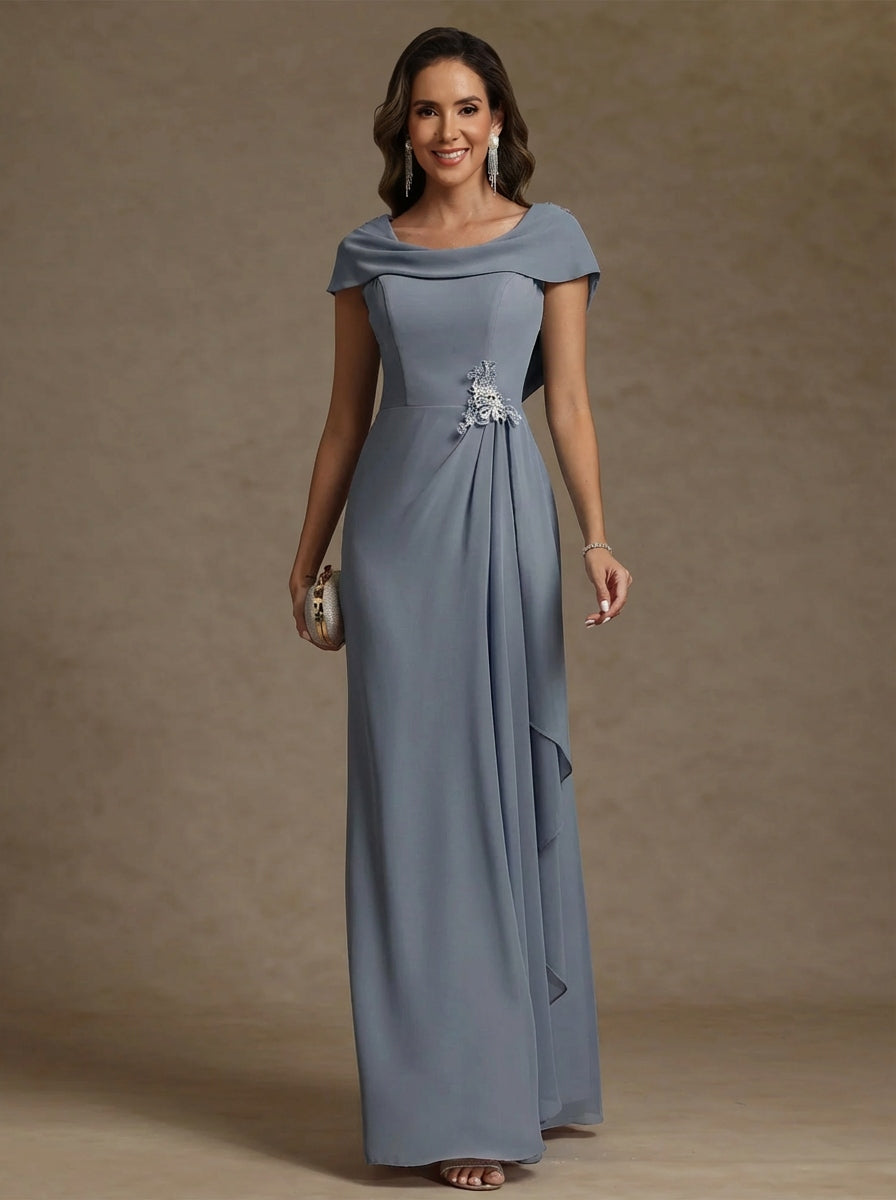 Robe mère de la mariée fourreau mousseline, col drapé, sans manches, longueur sol, strass et volants