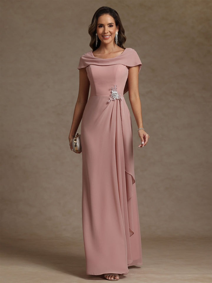 Robe mère de la mariée fourreau mousseline, col drapé, sans manches, longueur sol, strass et volants