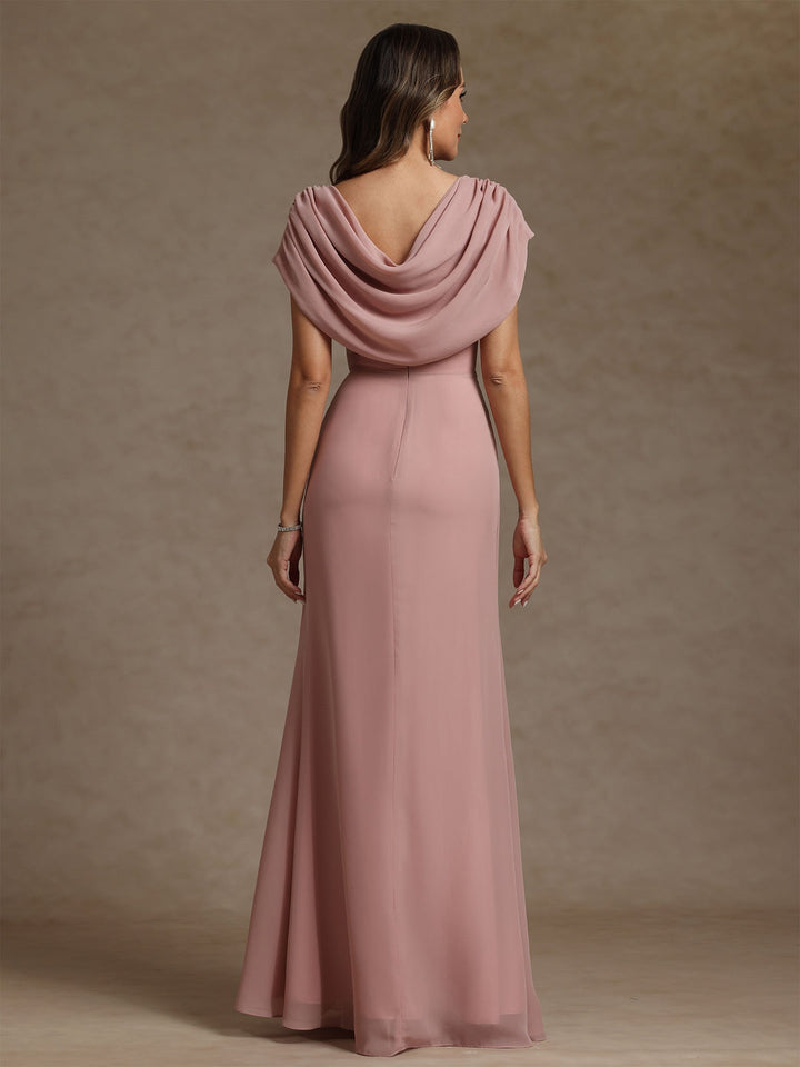 Robe mère de la mariée fourreau mousseline, col drapé, sans manches, longueur sol, strass et volants