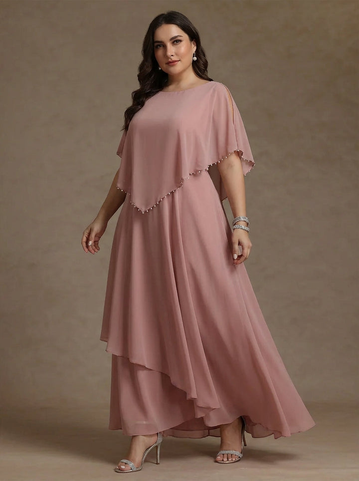 Robe mère de la mariée, taille plus, coupe A/ princesse, col rond, mousseline, perles, longueur sol, plissé, sans manches