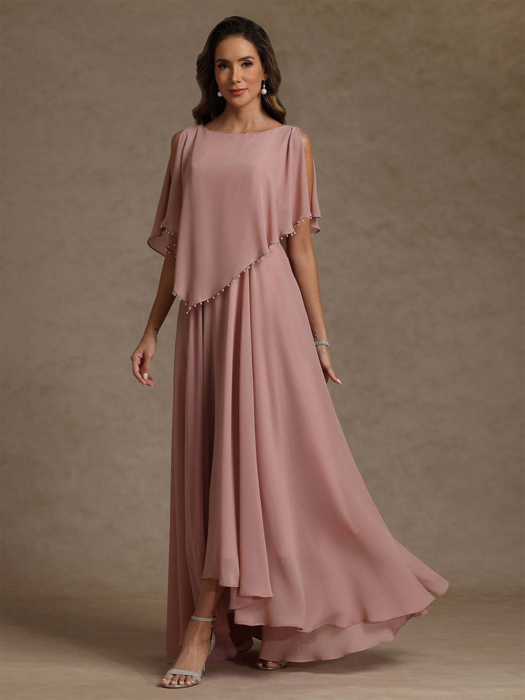 Robe mère de la mariée mousseline ligne A, col rond, sans manches, longueur sol, perles et plissé