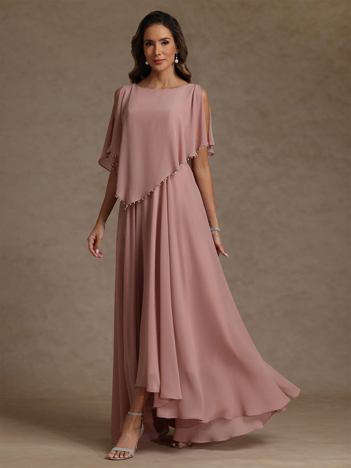 Robe mère de la mariée mousseline ligne A, col rond, sans manches, longueur sol, perles et plissé
