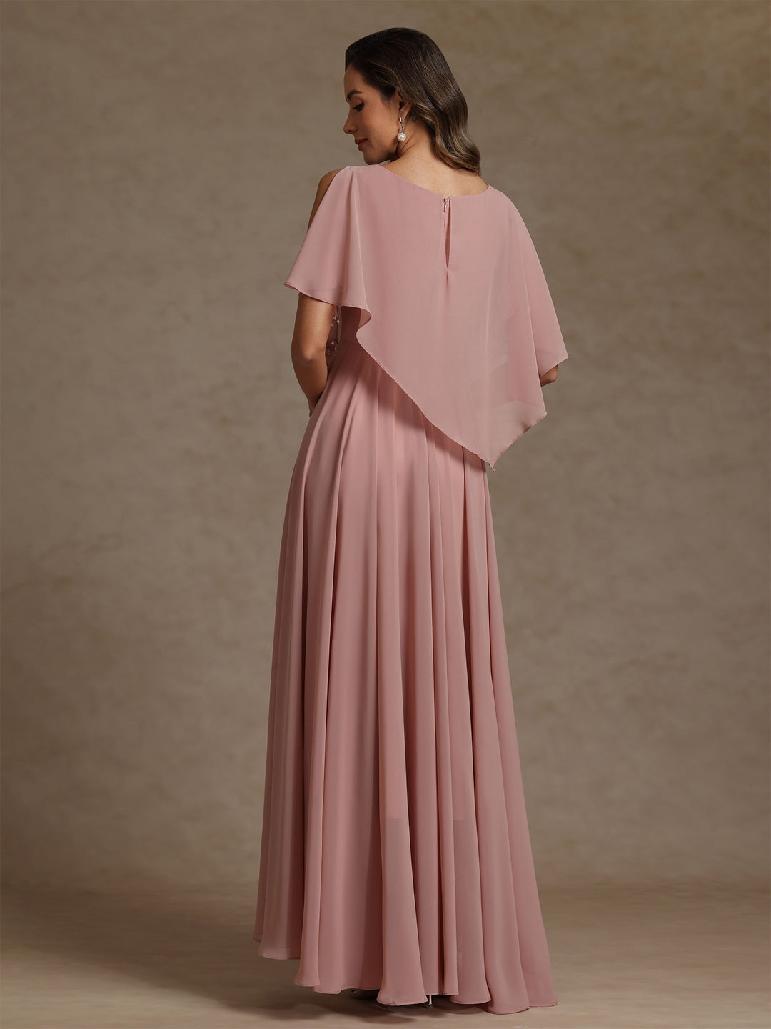 Robe mère de la mariée mousseline ligne A, col rond, sans manches, longueur sol, perles et plissé