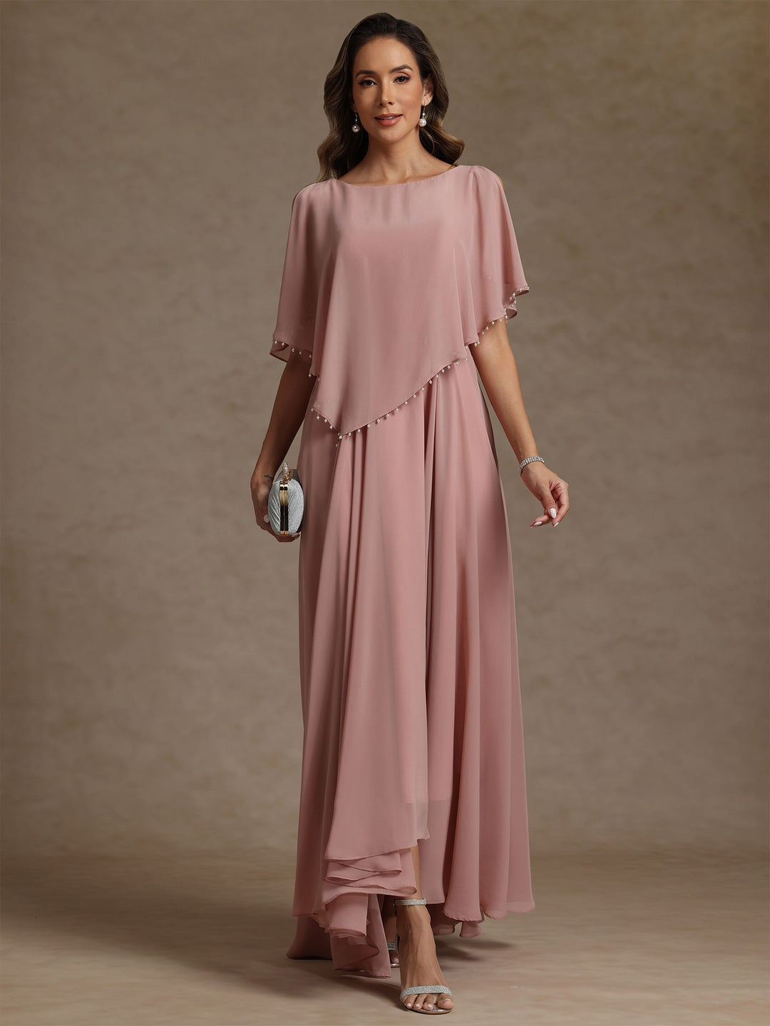 Robe mère de la mariée mousseline ligne A, col rond, sans manches, longueur sol, perles et plissé