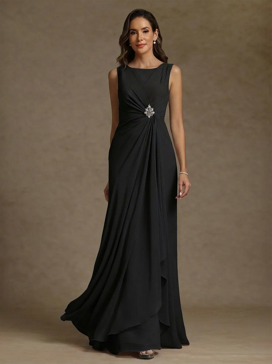 Robe mère de la mariée fourreau mousseline, col rond, sans manches, longueur sol, volants et drapé