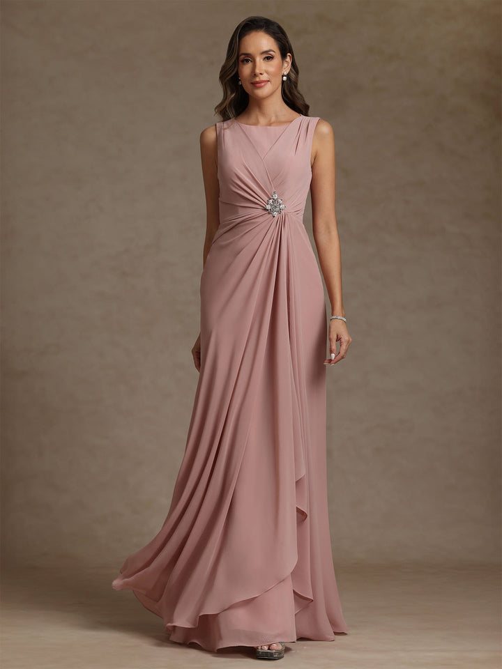 Robe mère de la mariée fourreau mousseline, col rond, sans manches, longueur sol, volants et drapé