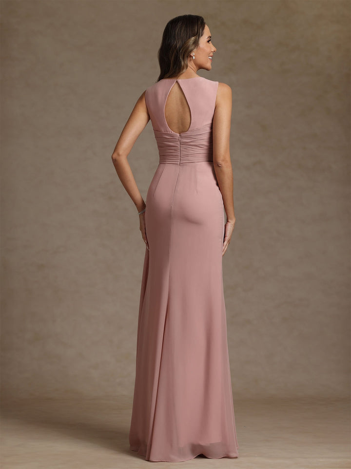 Robe mère de la mariée fourreau mousseline, col rond, sans manches, longueur sol, volants et drapé