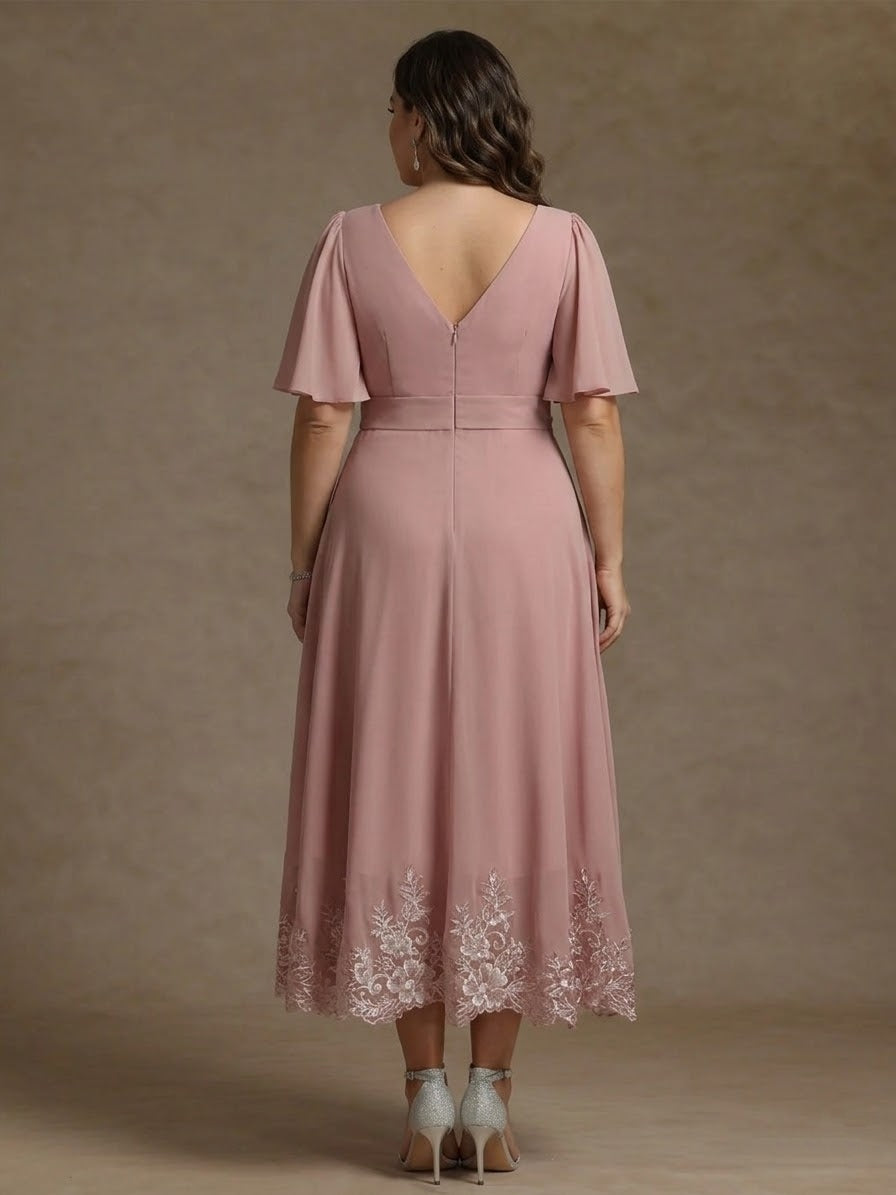 Robe mère de la mariée taille plus ligne A, col V, mousseline dentelle, manches courtes, longueur midi, ceinture