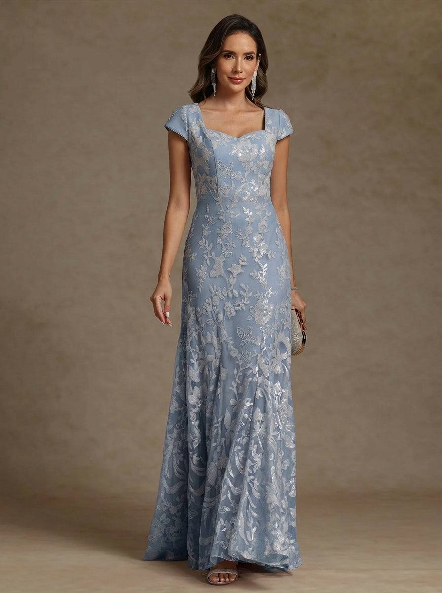 Robe mère de la mariée fourreau mousseline, col carré, manches courtes, longueur sol, dentelle et sequins