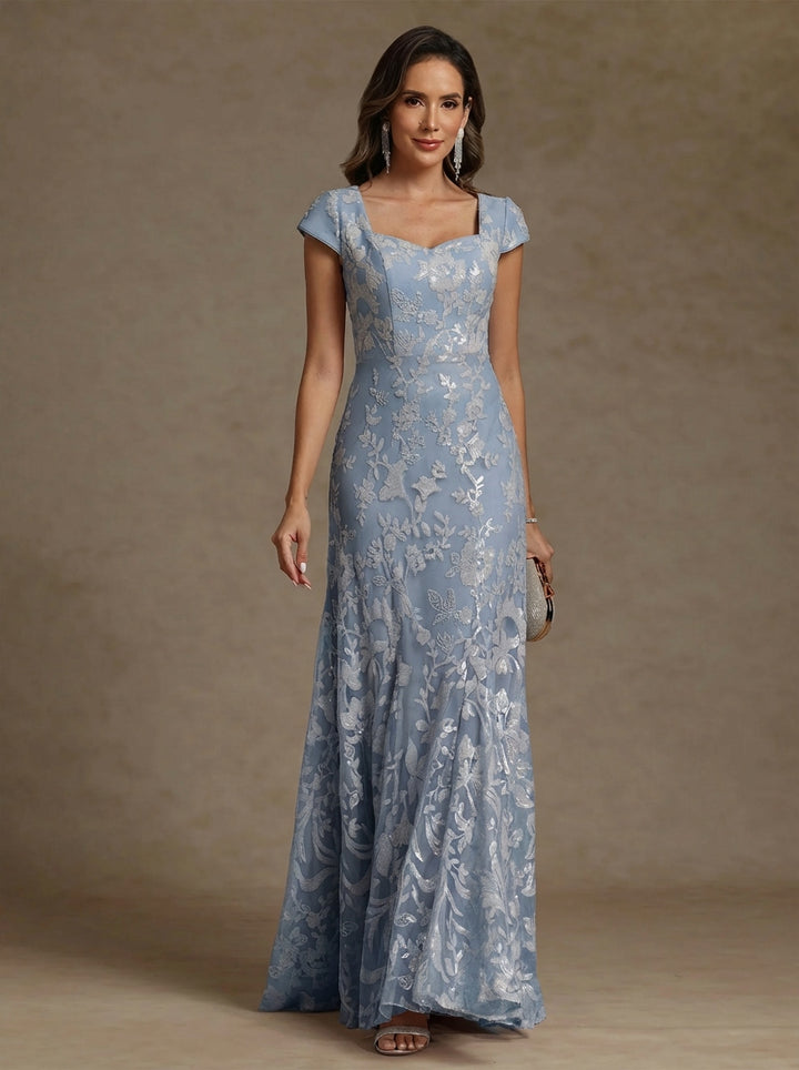 Robe mère de la mariée fourreau mousseline, col carré, manches courtes, longueur sol, dentelle et sequins