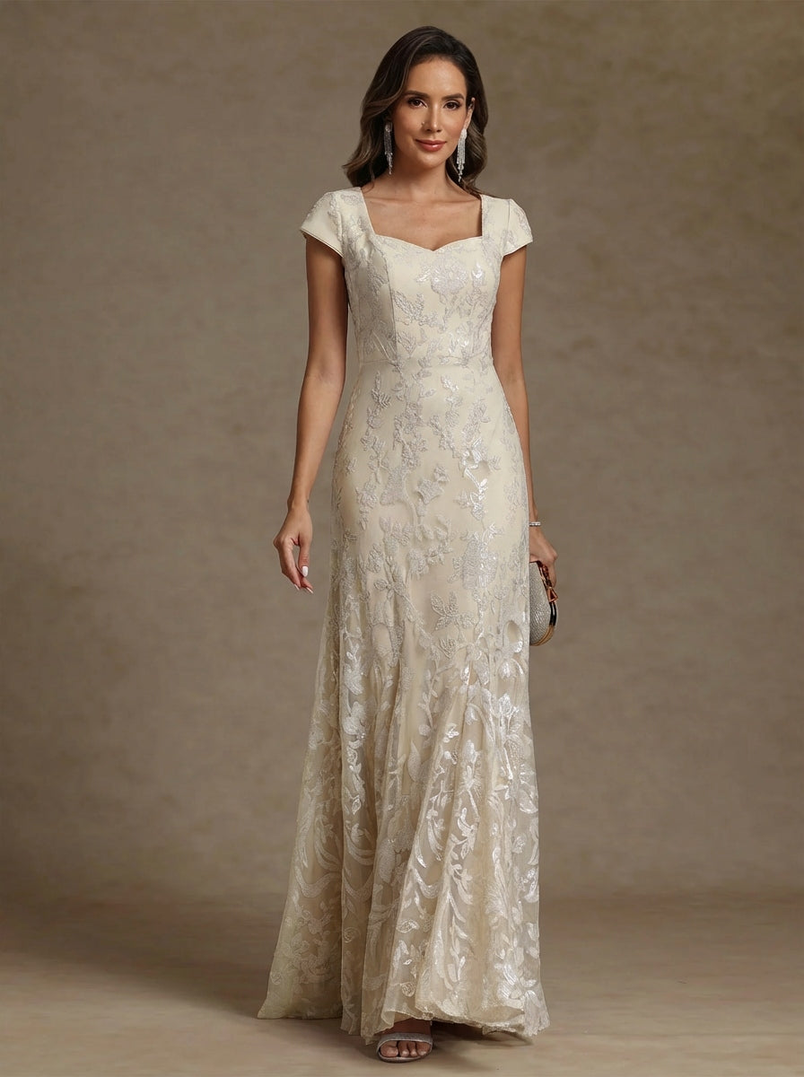 Robe mère de la mariée fourreau mousseline, col carré, manches courtes, longueur sol, dentelle et sequins