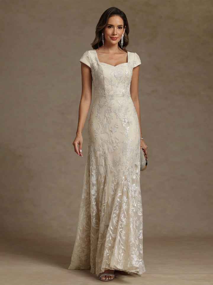 Robe mère de la mariée fourreau mousseline, col carré, manches courtes, longueur sol, dentelle et sequins