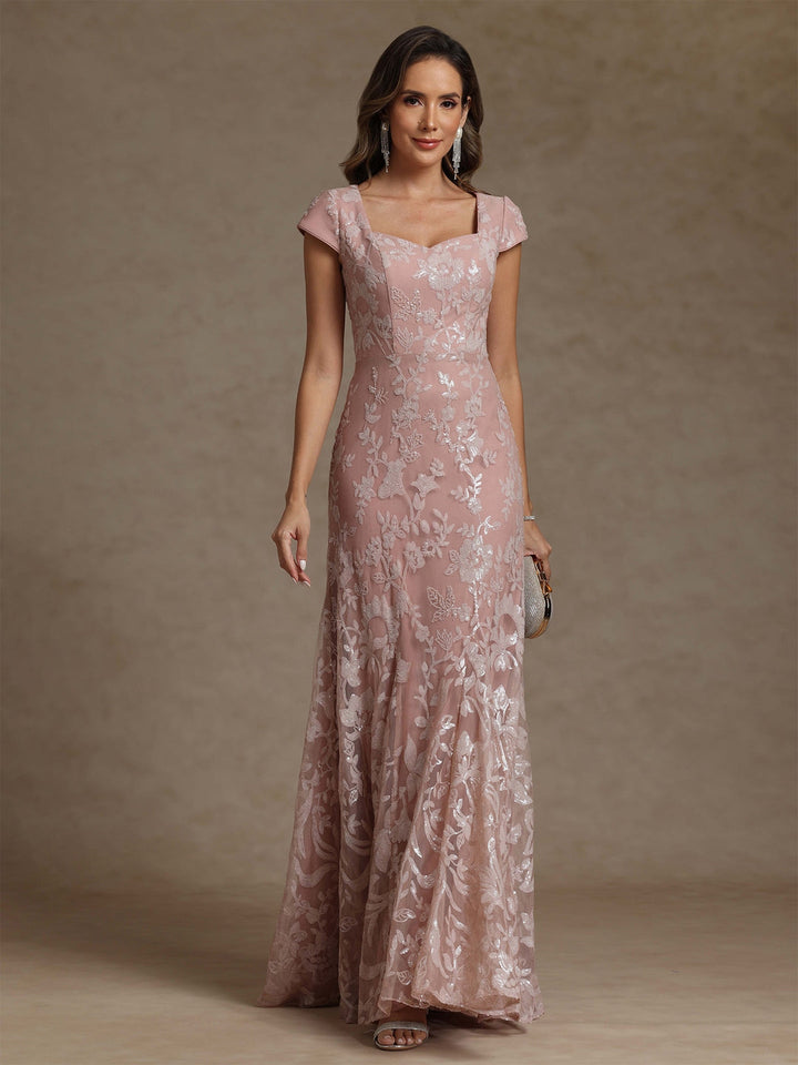 Robe mère de la mariée fourreau mousseline, col carré, manches courtes, longueur sol, dentelle et sequins