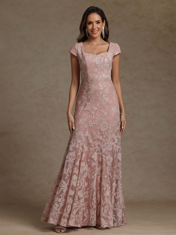 Robe mère de la mariée fourreau mousseline, col carré, manches courtes, longueur sol, dentelle et sequins