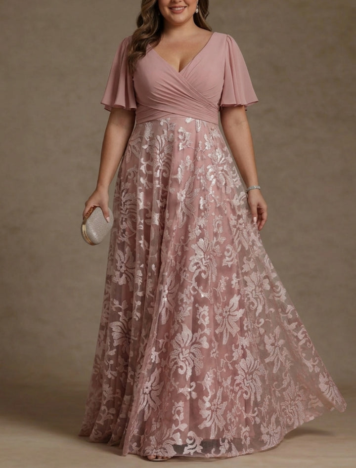 Robe Mère de la Mariée, Taille Plus, Ligne A/Princese, Col en V, Dentelle, Froncée, Manches Courtes, Longueur au Sol, Mousseline