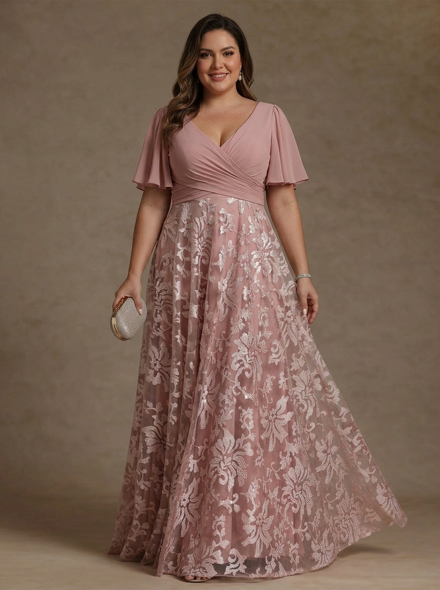 Robe Mère de la Mariée, Taille Plus, Ligne A/Princese, Col en V, Dentelle, Froncée, Manches Courtes, Longueur au Sol, Mousseline