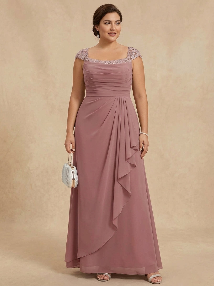 Robe mère de la mariée, taille plus, fourreau/colonne, col carré, mousseline, longueur sol, volants, plissé, sans manches, dentelle