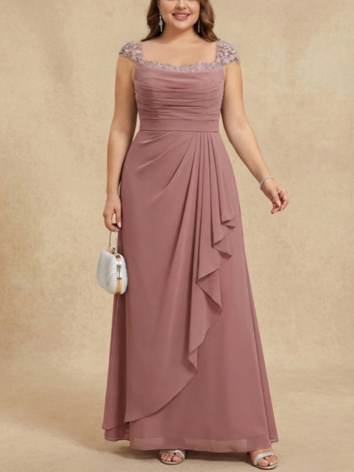 Robe mère de la mariée taille plus fourreau, mousseline col carré, sans manches, longueur sol, volants, drapé, dentelle