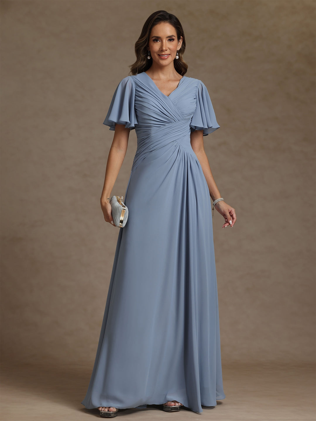 Robe mère de la mariée mousseline ligne A, col V, manches courtes, longueur sol, drapé