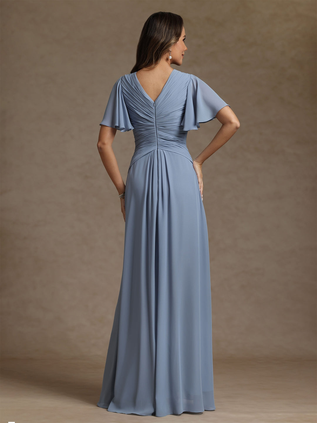 Robe mère de la mariée mousseline ligne A, col V, manches courtes, longueur sol, drapé